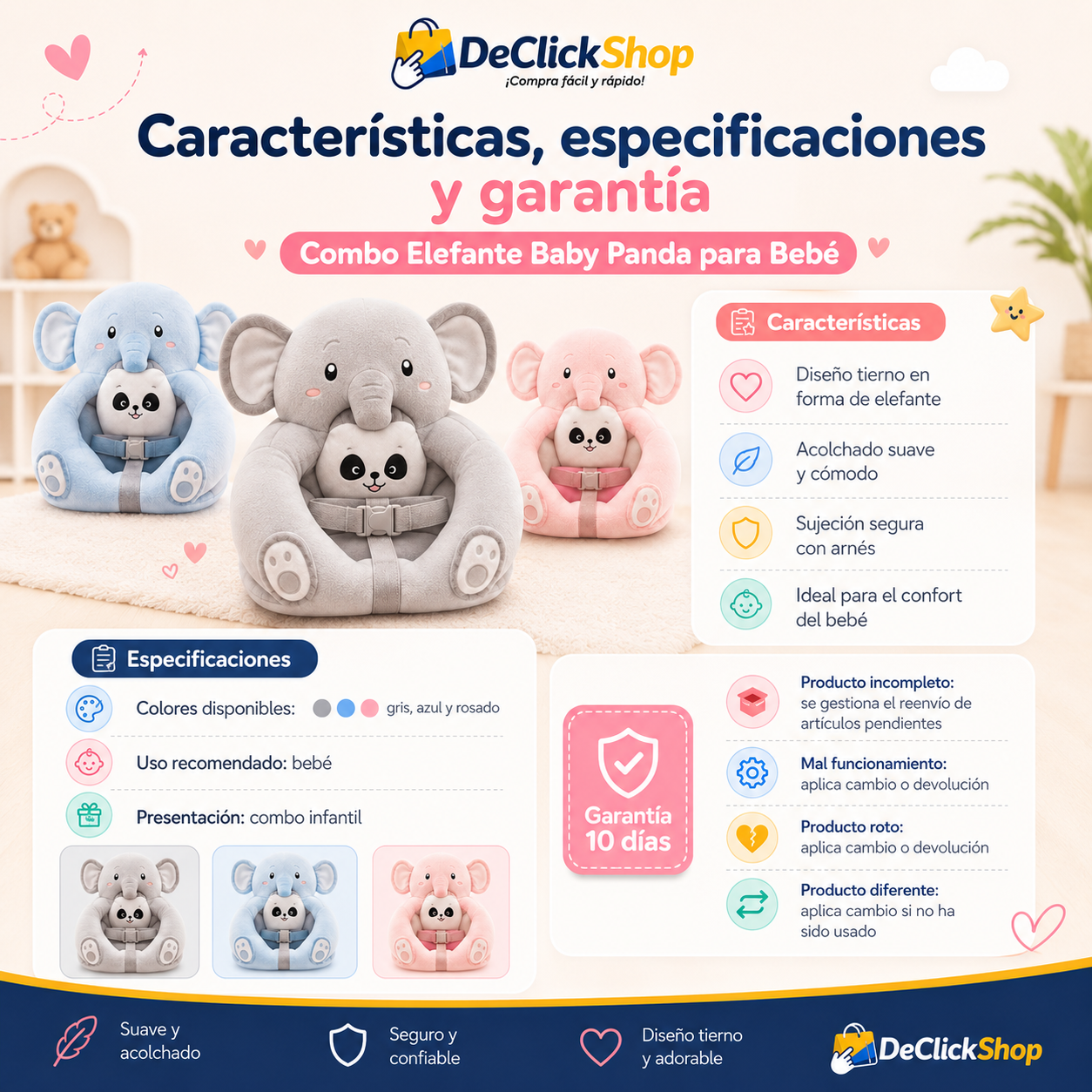Combo Elefante Baby Panda para Bebé – Silla Acolchada con Diseño Tierno