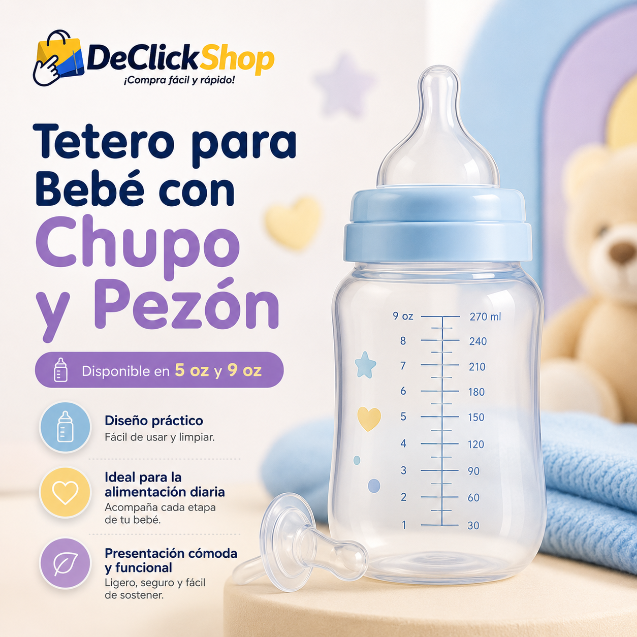 Tetero para Bebé con Chupo y Pezón – Disponible en 5 oz y 9 oz