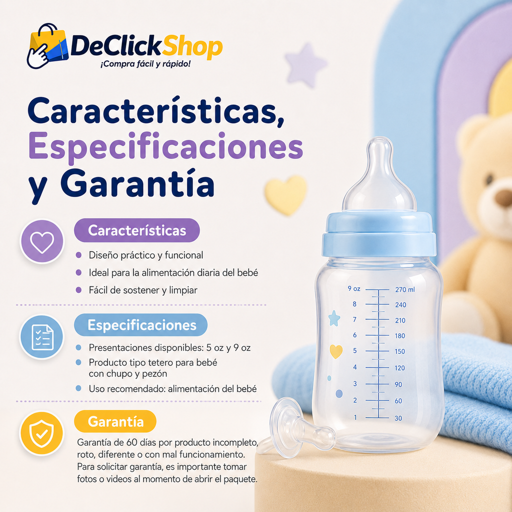 Tetero para Bebé con Chupo y Pezón – Disponible en 5 oz y 9 oz