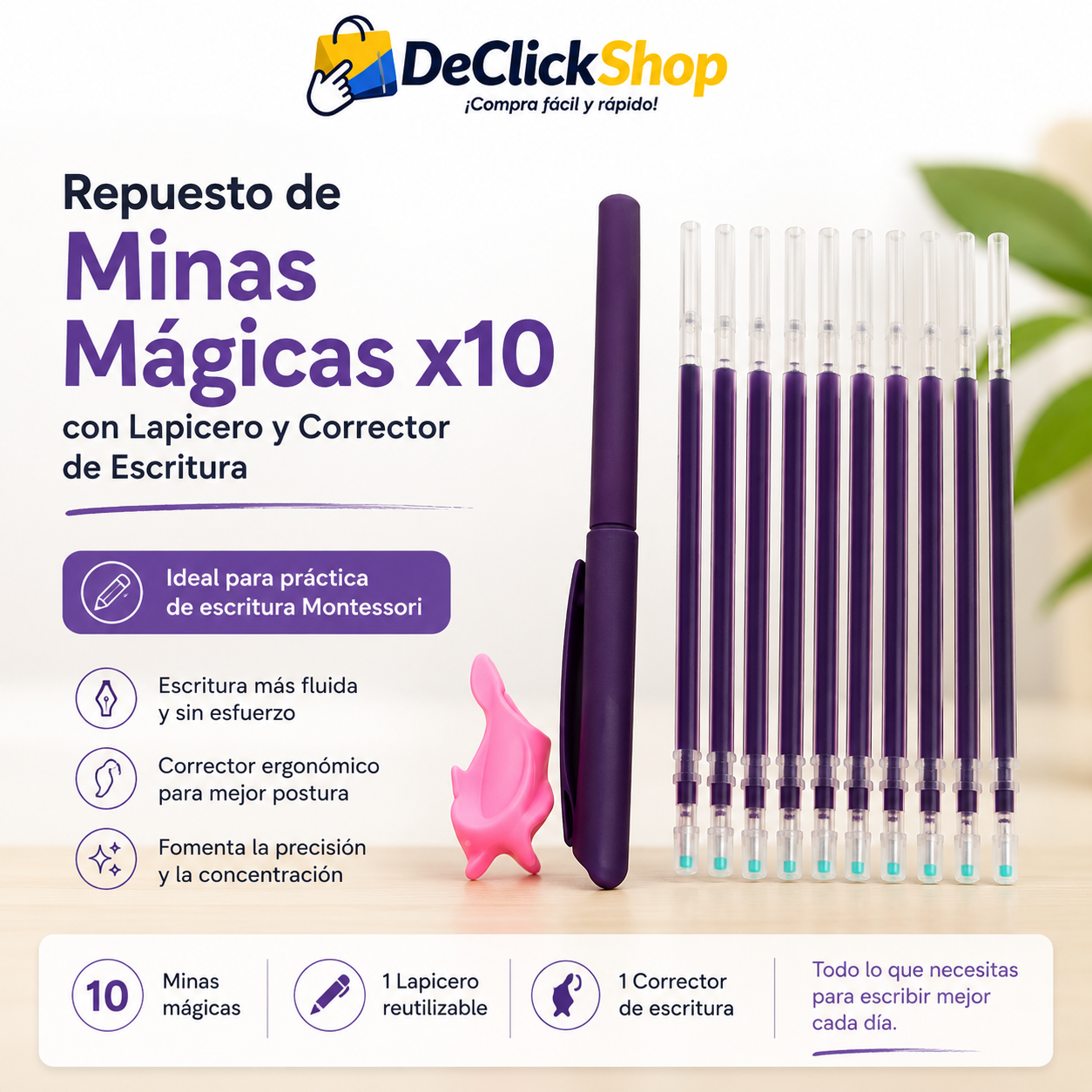 Repuesto de Minas Mágicas x10 con Lapicero y Corrector de Escritura Montessori