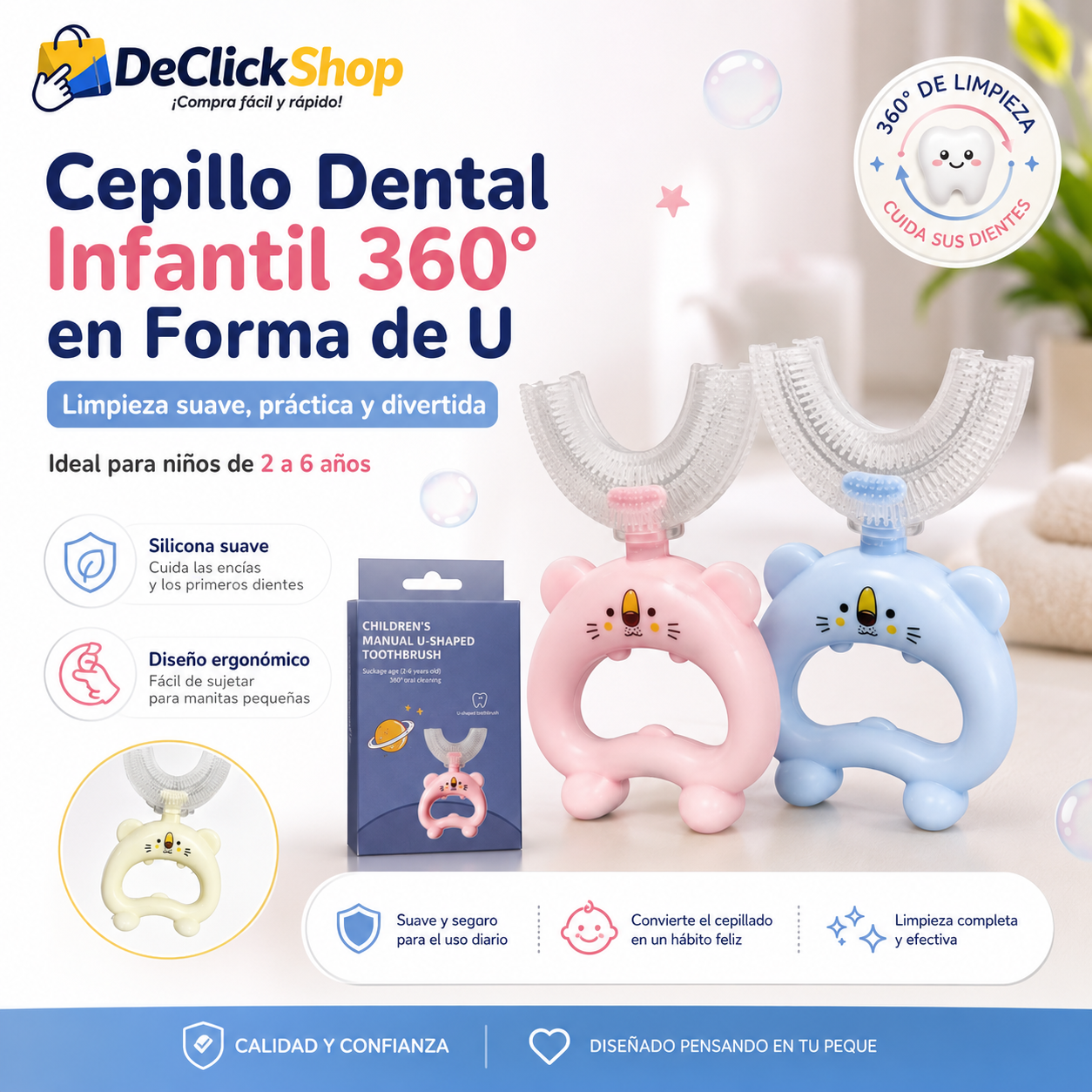 Cepillo Dental Infantil 360° en Forma de U – Silicona Suave para Niños de 2 a 6 Años