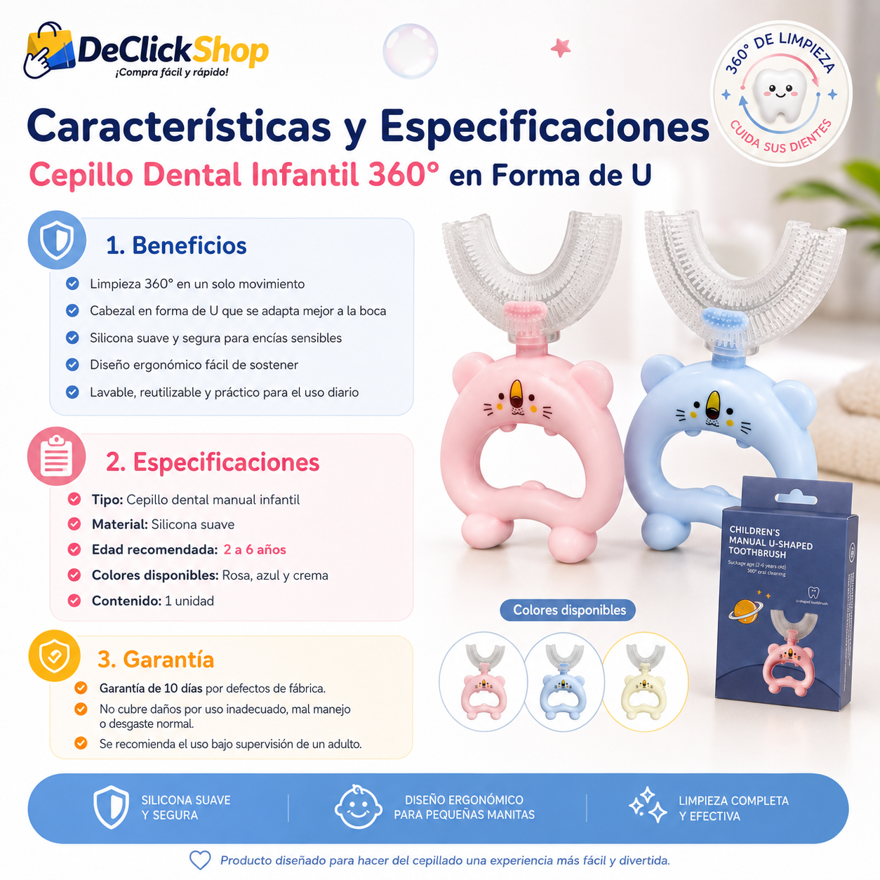 Cepillo Dental Infantil 360° en Forma de U – Silicona Suave para Niños de 2 a 6 Años