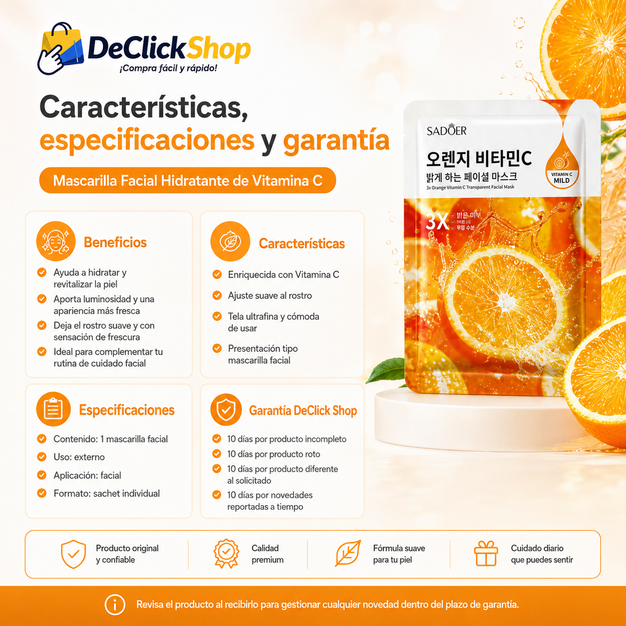 Mascarilla Facial Hidratante SADOER con Vitamina C – Ilumina, Suaviza y Revitaliza