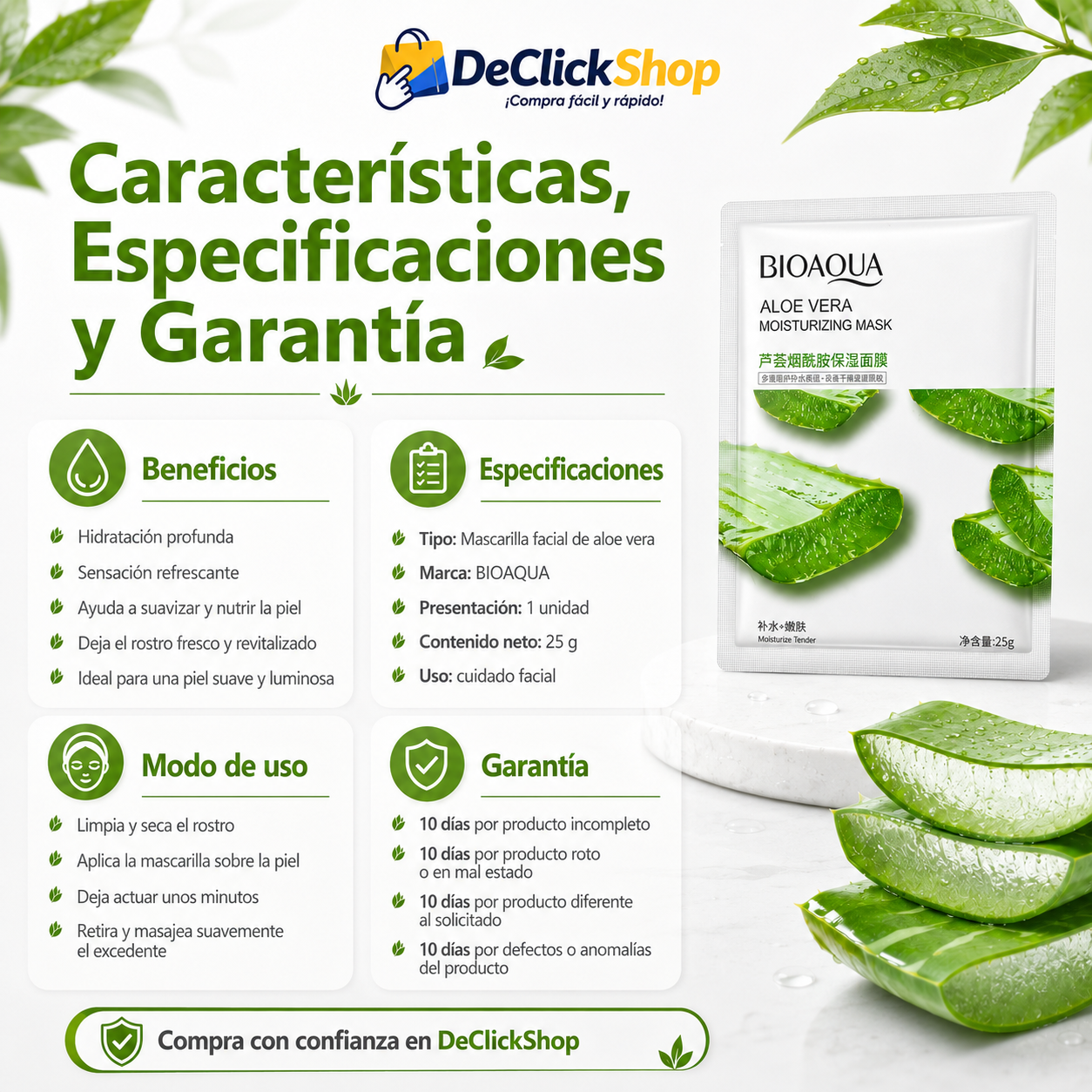 Mascarilla Facial Hidratante de Aloe Vera BIOAQUA – 25 g
