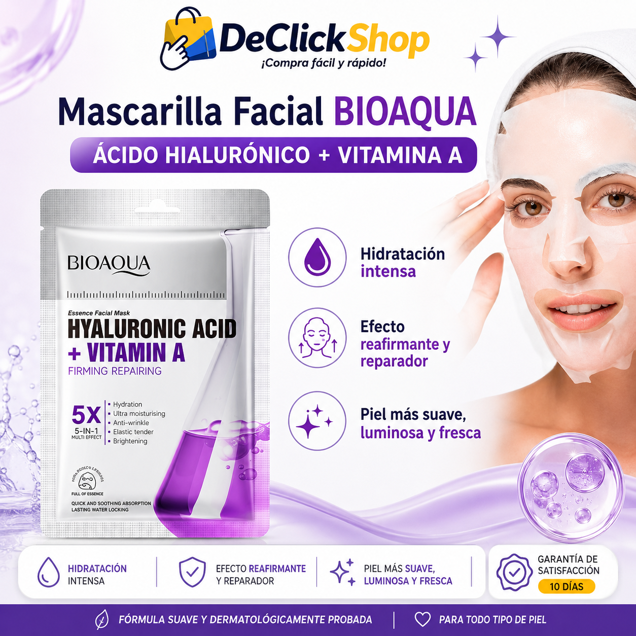 Mascarilla Facial BIOAQUA con Ácido Hialurónico + Vitamina A