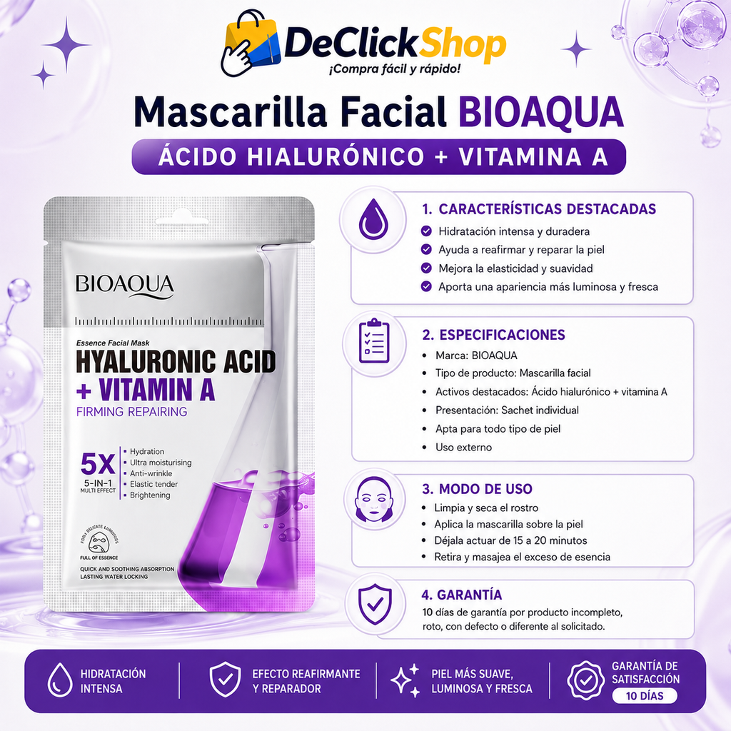 Mascarilla Facial BIOAQUA con Ácido Hialurónico + Vitamina A
