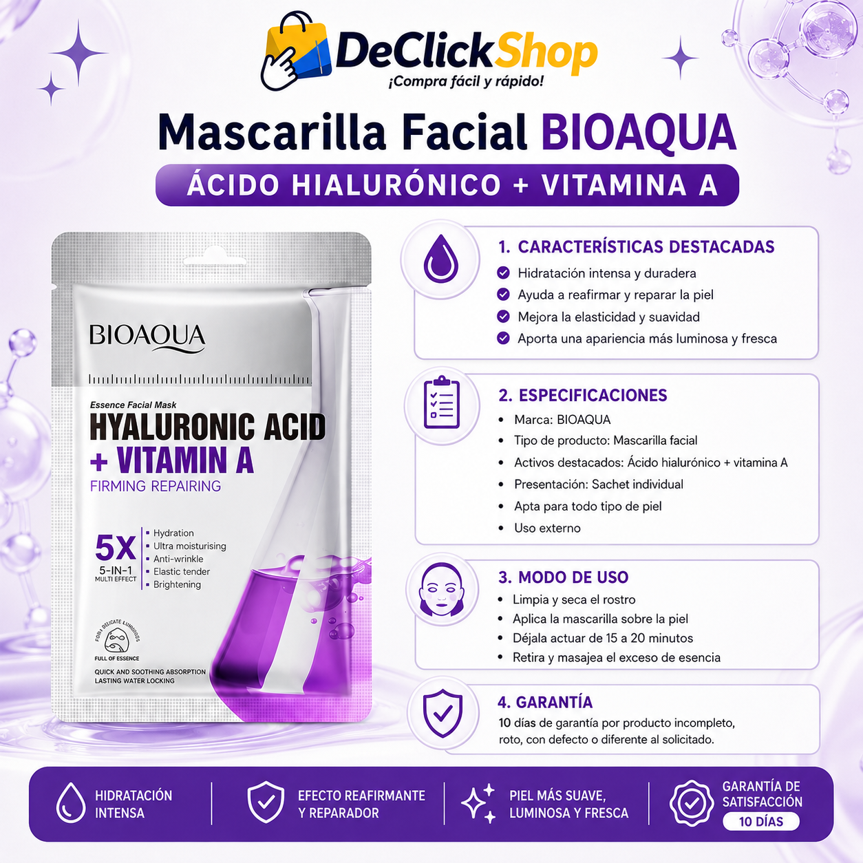 Mascarilla Facial BIOAQUA con Ácido Hialurónico + Vitamina A