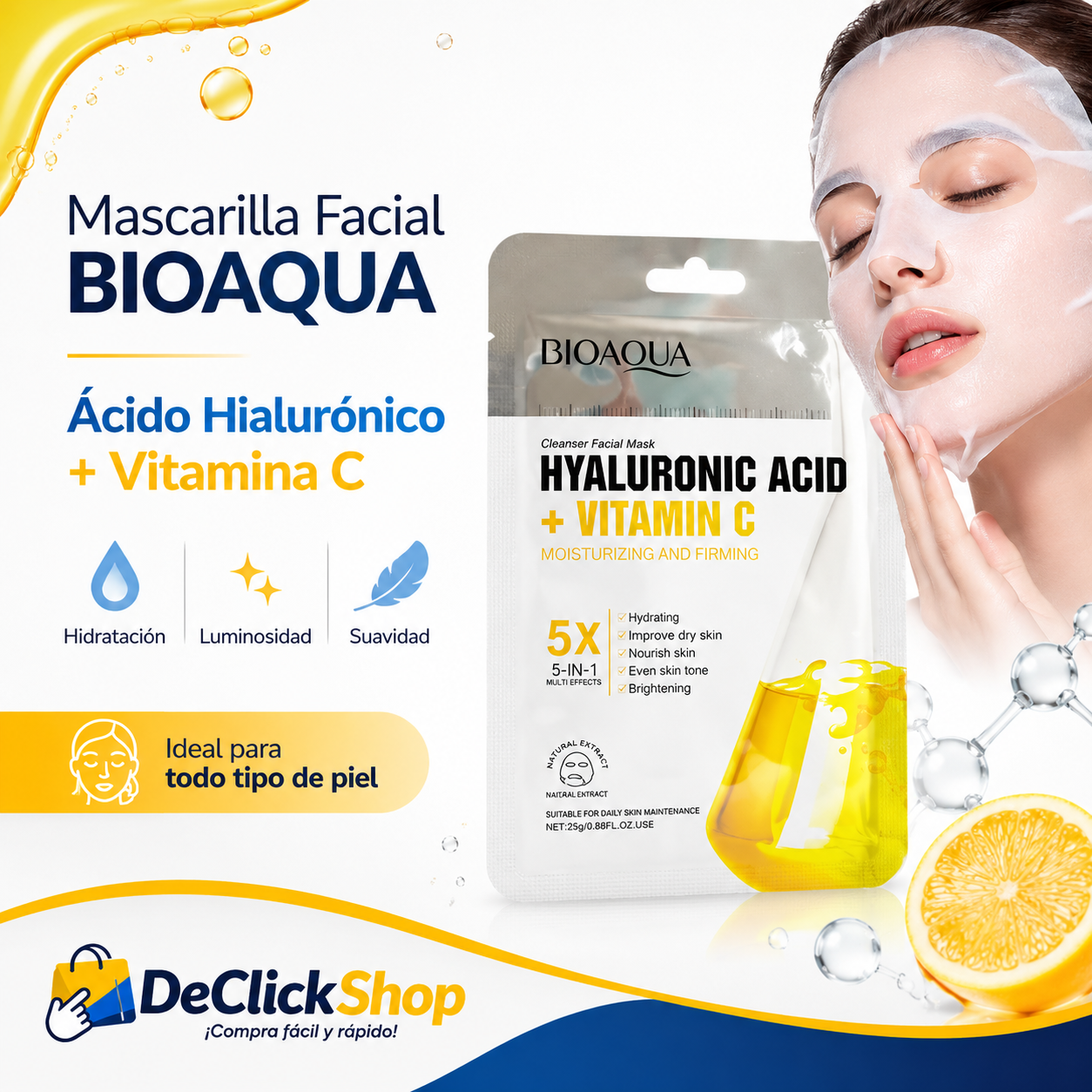 Mascarilla Facial BIOAQUA con Ácido Hialurónico y Vitamina C – Hidratación y Luminosidad