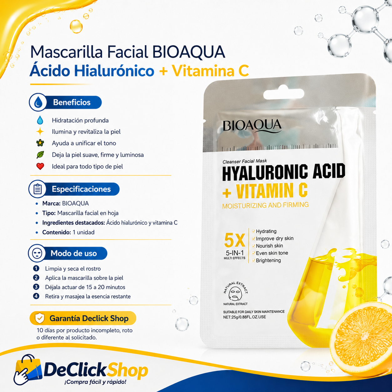Mascarilla Facial BIOAQUA con Ácido Hialurónico y Vitamina C – Hidratación y Luminosidad