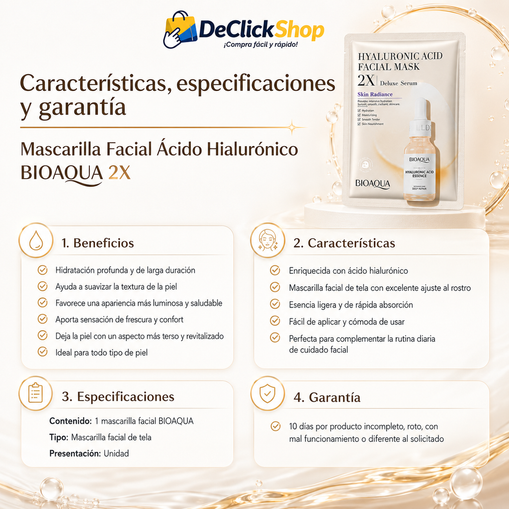 Mascarilla Facial con Ácido Hialurónico BIOAQUA 2X