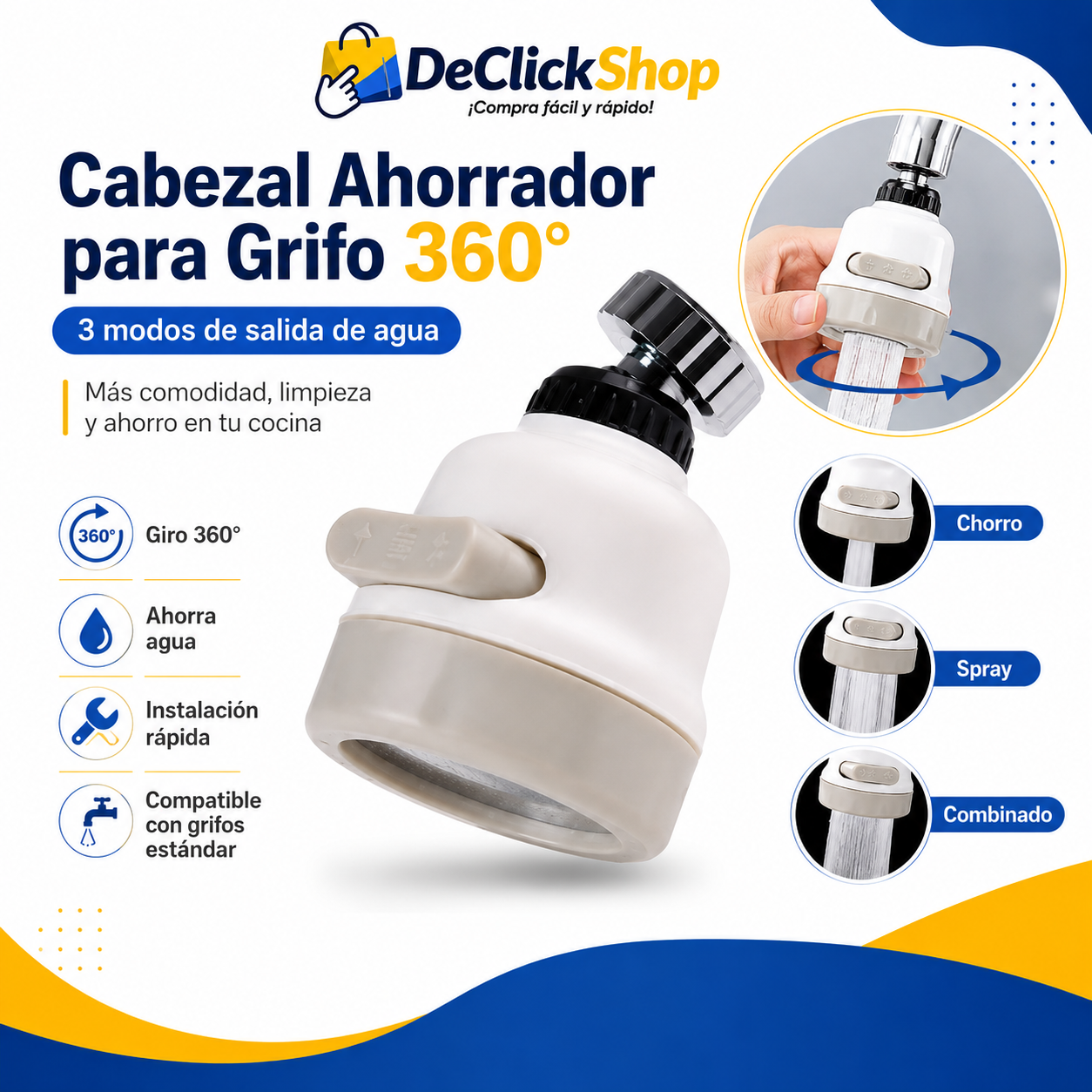 Cabezal Ahorrador Giratorio 360° para Grifo – 3 Modos de Chorro