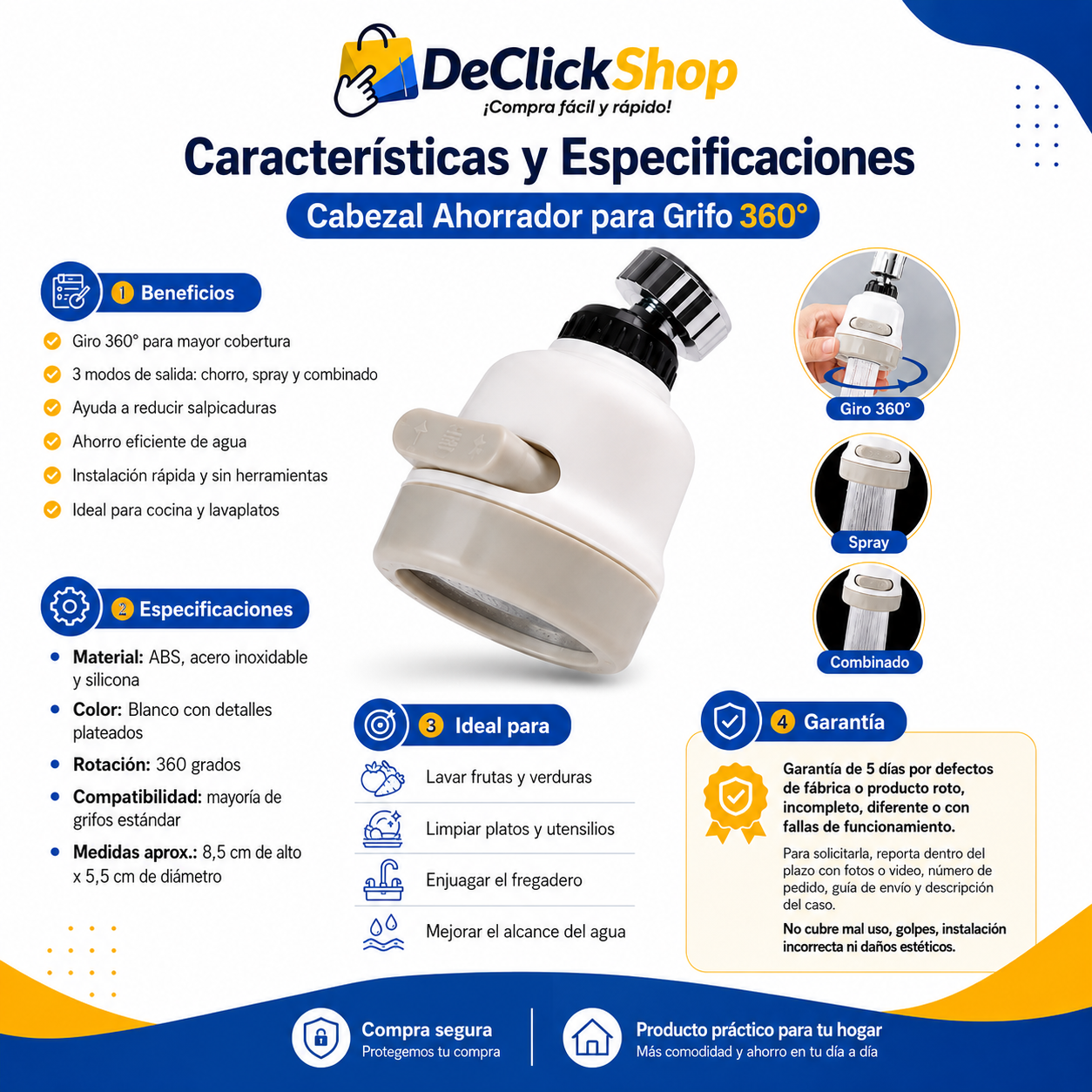 Cabezal Ahorrador Giratorio 360° para Grifo – 3 Modos de Chorro