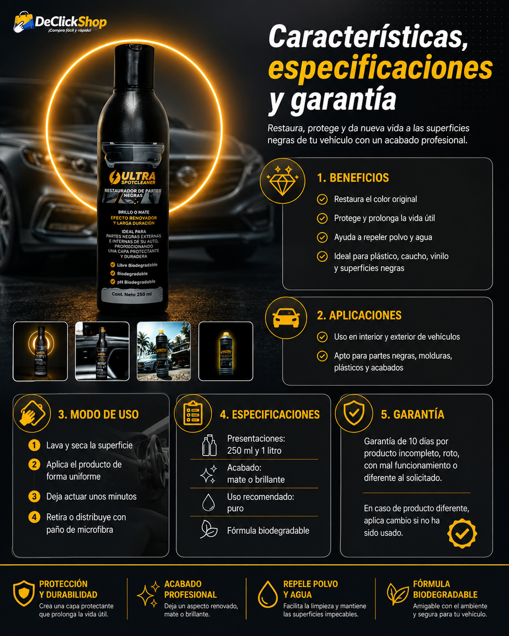 Restaurador de Partes Negras para Auto Ultra Spotcleaner – Plásticos, Cauchos y Molduras