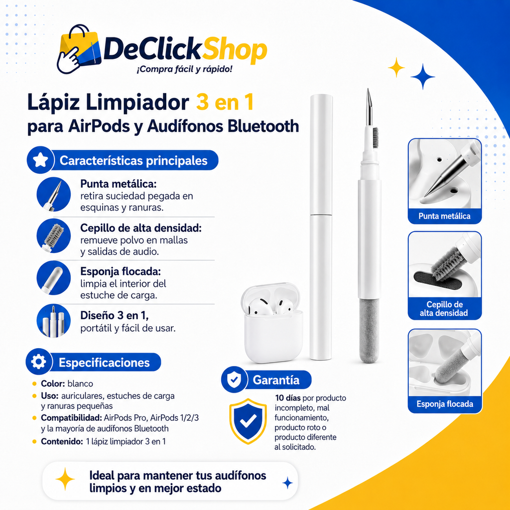 Lápiz Limpiador 3 en 1 para AirPods y Audífonos Bluetooth