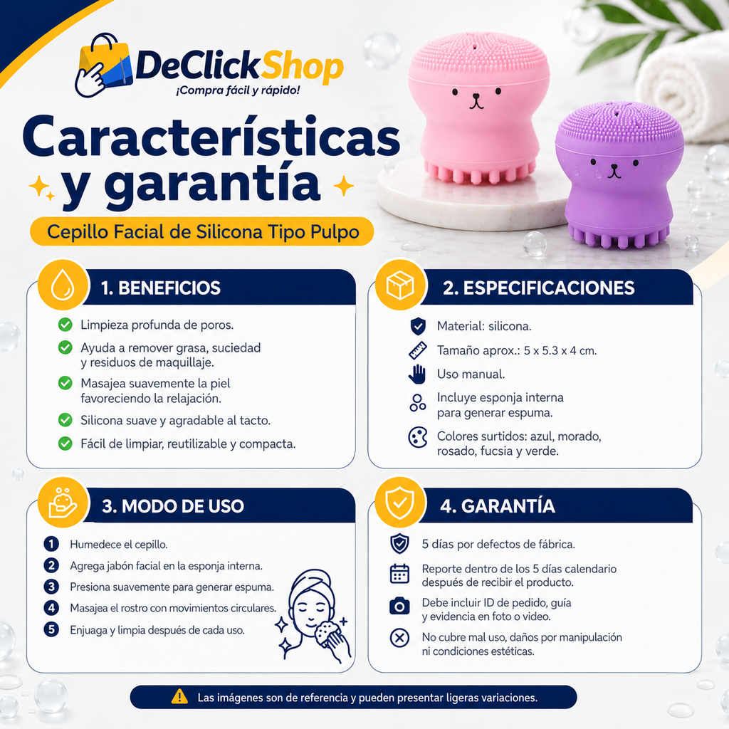 Cepillo Facial de Silicona Tipo Pulpo 2 en 1 con Esponja Interna