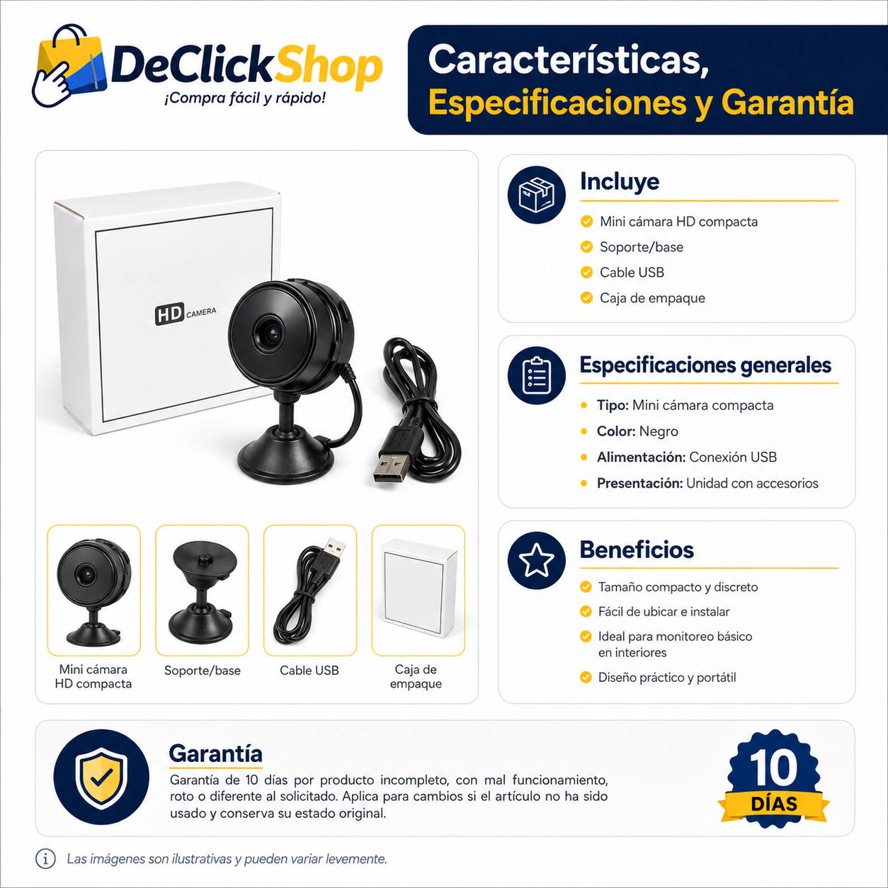 Mini Cámara Compacta con Soporte y Cable USB