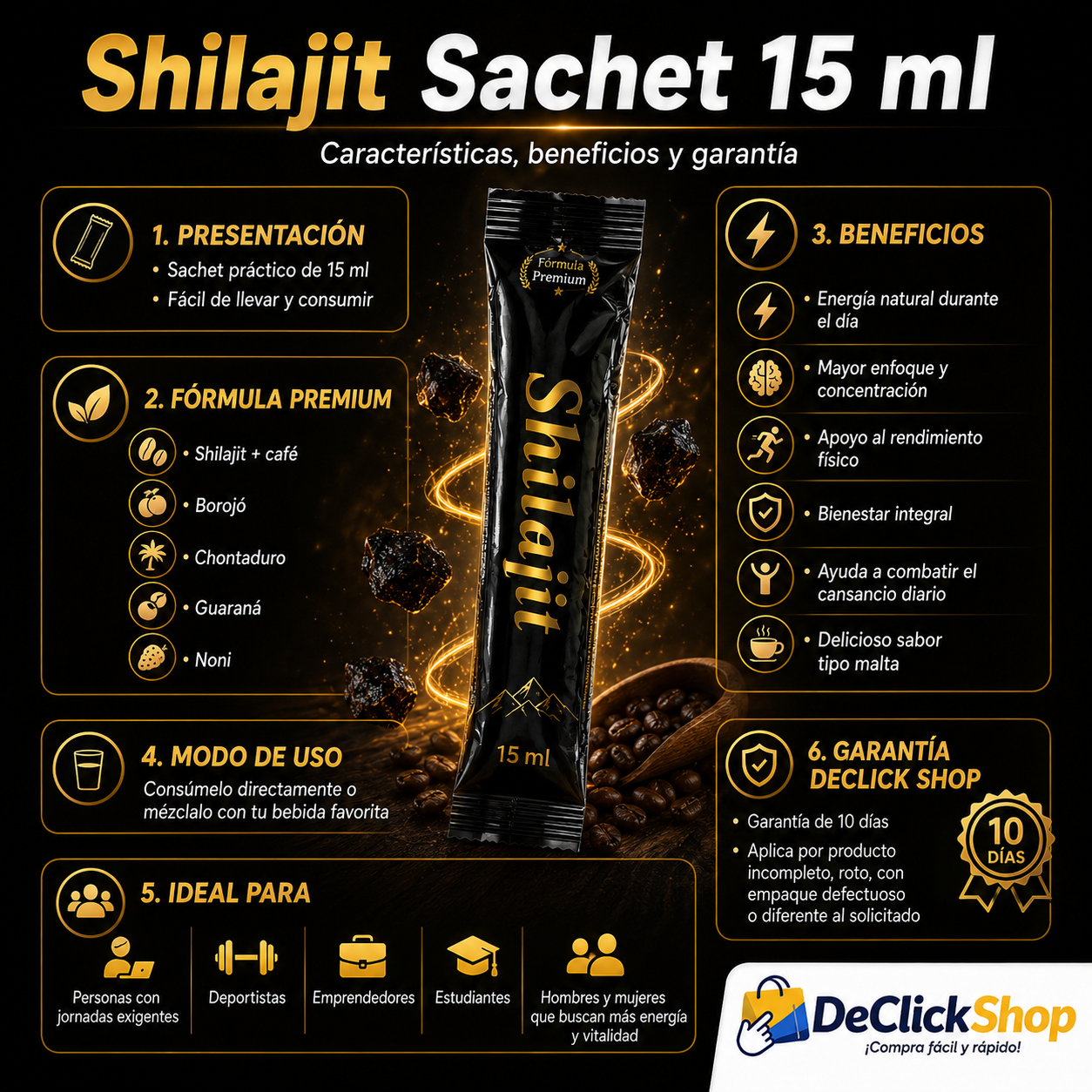 Shilajit Premium en Sachet 15 ml con Café, Guaraná y Frutos Naturales