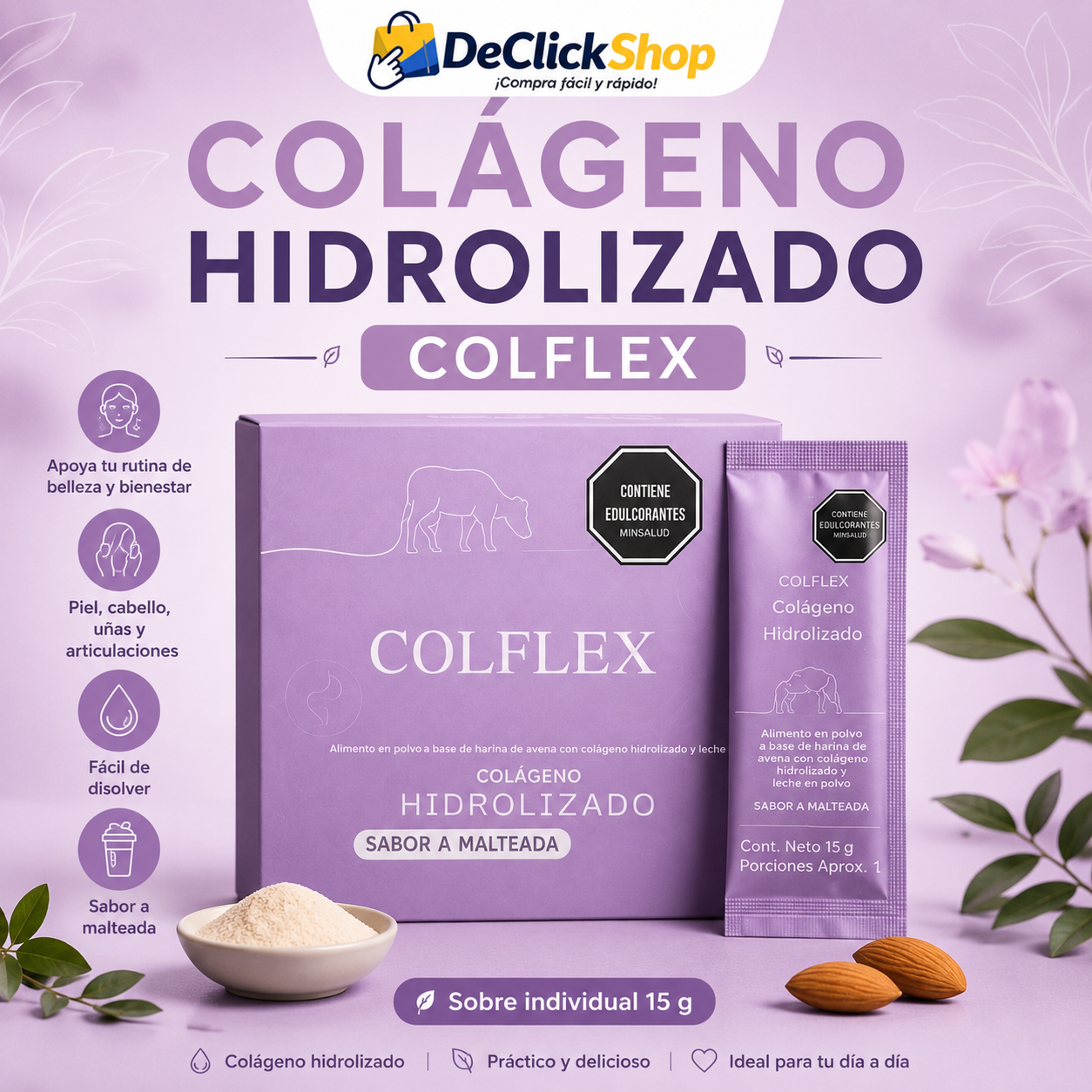 Colágeno Hidrolizado COLFLEX – Sobre Individual de 15 g, Sabor Malteada