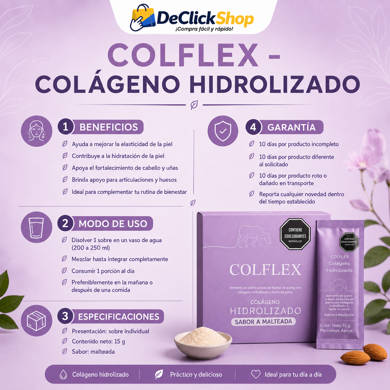 Colágeno Hidrolizado COLFLEX – Sobre Individual de 15 g, Sabor Malteada