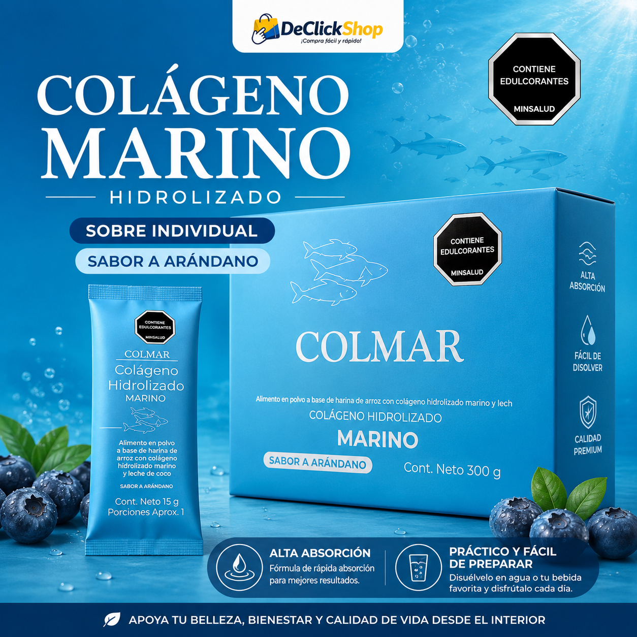Colágeno Marino Hidrolizado COLMAR en Sobre Individual de 15 g – Sabor Arándano