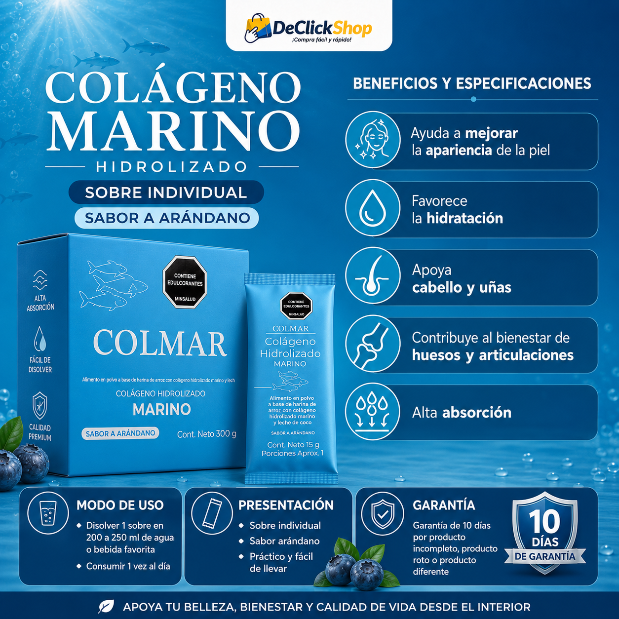 Colágeno Marino Hidrolizado COLMAR en Sobre Individual de 15 g – Sabor Arándano