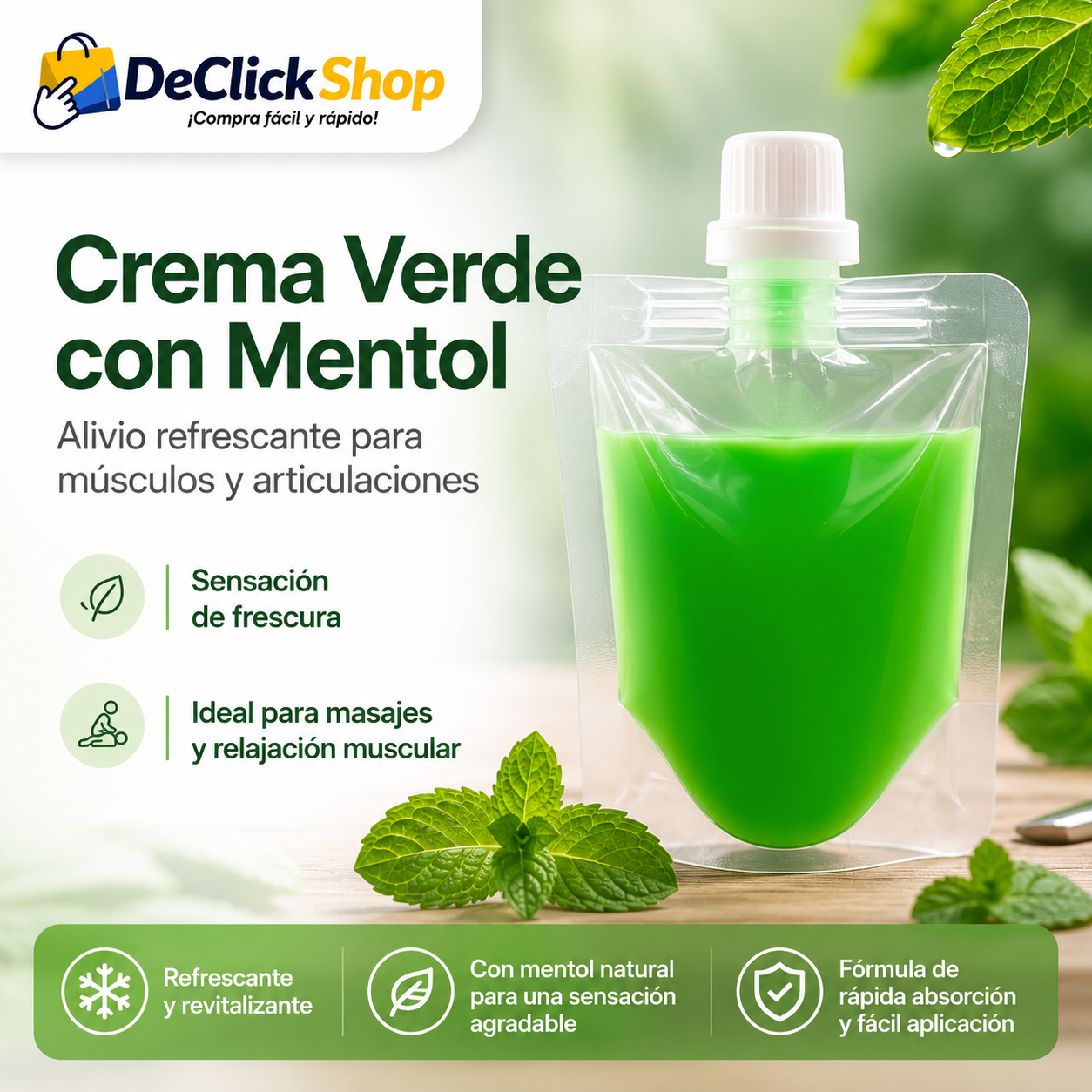 Crema Verde Refrescante con Mentol para Masajes y Relajación Muscular
