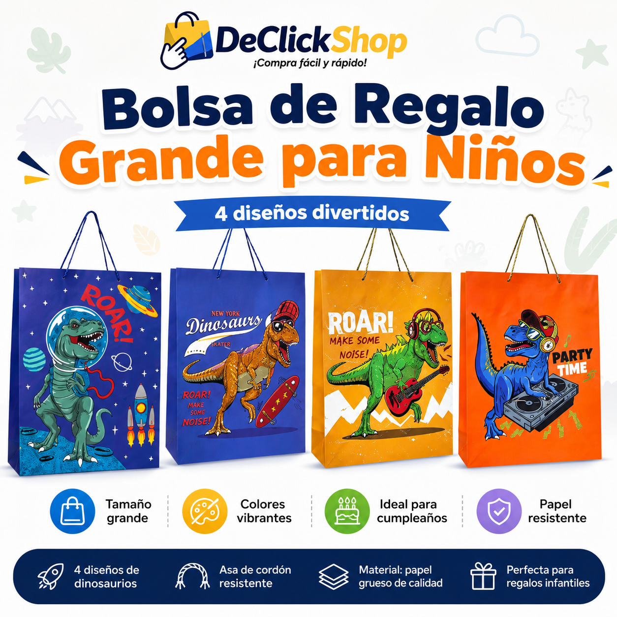 Bolsa de Regalo Infantil Grande con Diseños de Dinosaurios – 31 × 42 × 12 cm