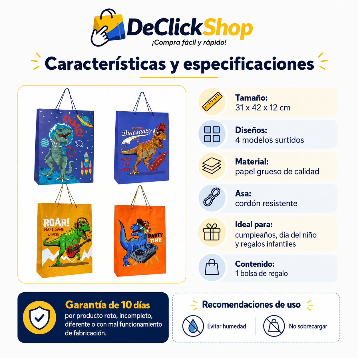 Bolsa de Regalo Infantil Grande con Diseños de Dinosaurios – 31 × 42 × 12 cm