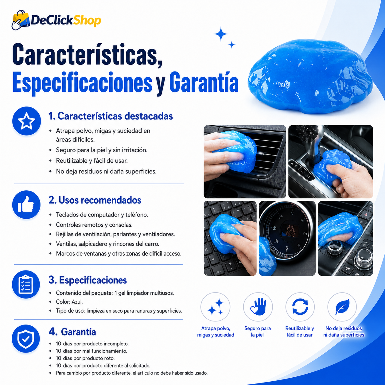 Gel Limpiador Multiusos Atrapa Polvo para Teclados, Auto y Rincones Difíciles