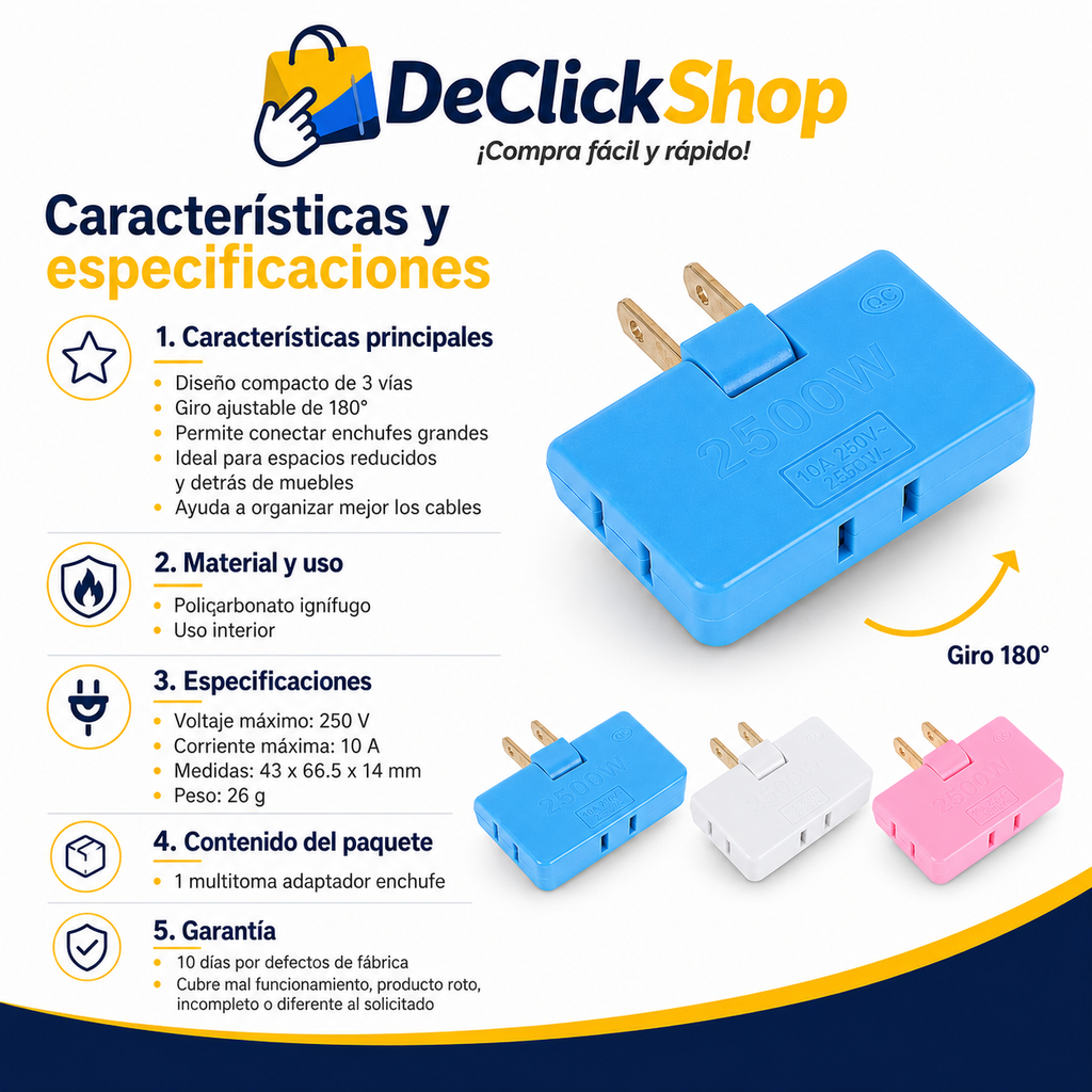 Multitoma Giratoria de 3 Salidas con Enchufe Ajustable 180°