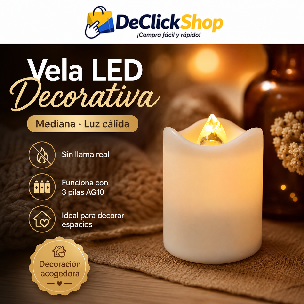 Vela LED Decorativa Mediana con Luz Cálida – Sin Llama