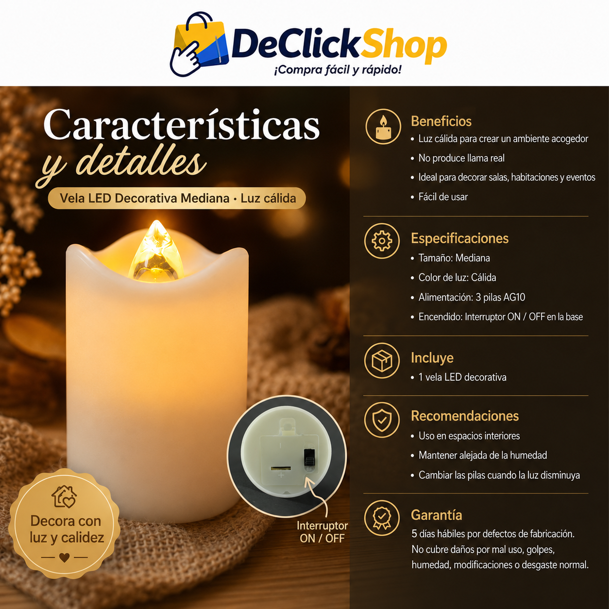 Vela LED Decorativa Mediana con Luz Cálida – Sin Llama