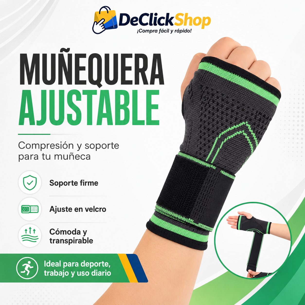 Muñequera Deportiva Ajustable de Compresión con Correa de Velcro