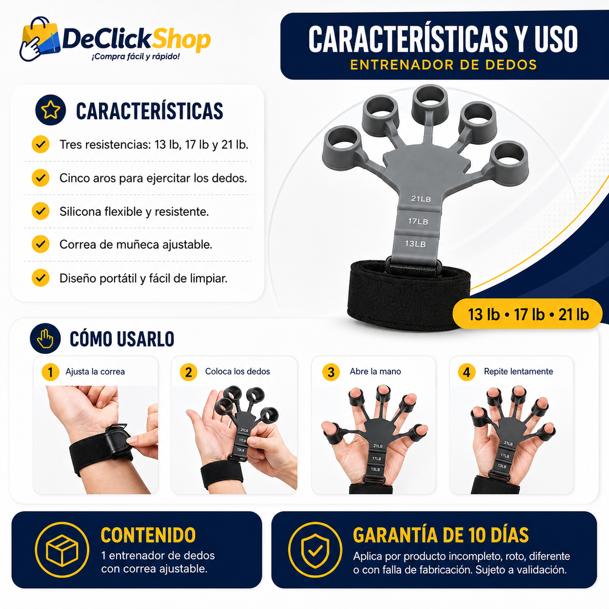 Entrenador de Dedos FlexiGrip con 3 Niveles de Resistencia