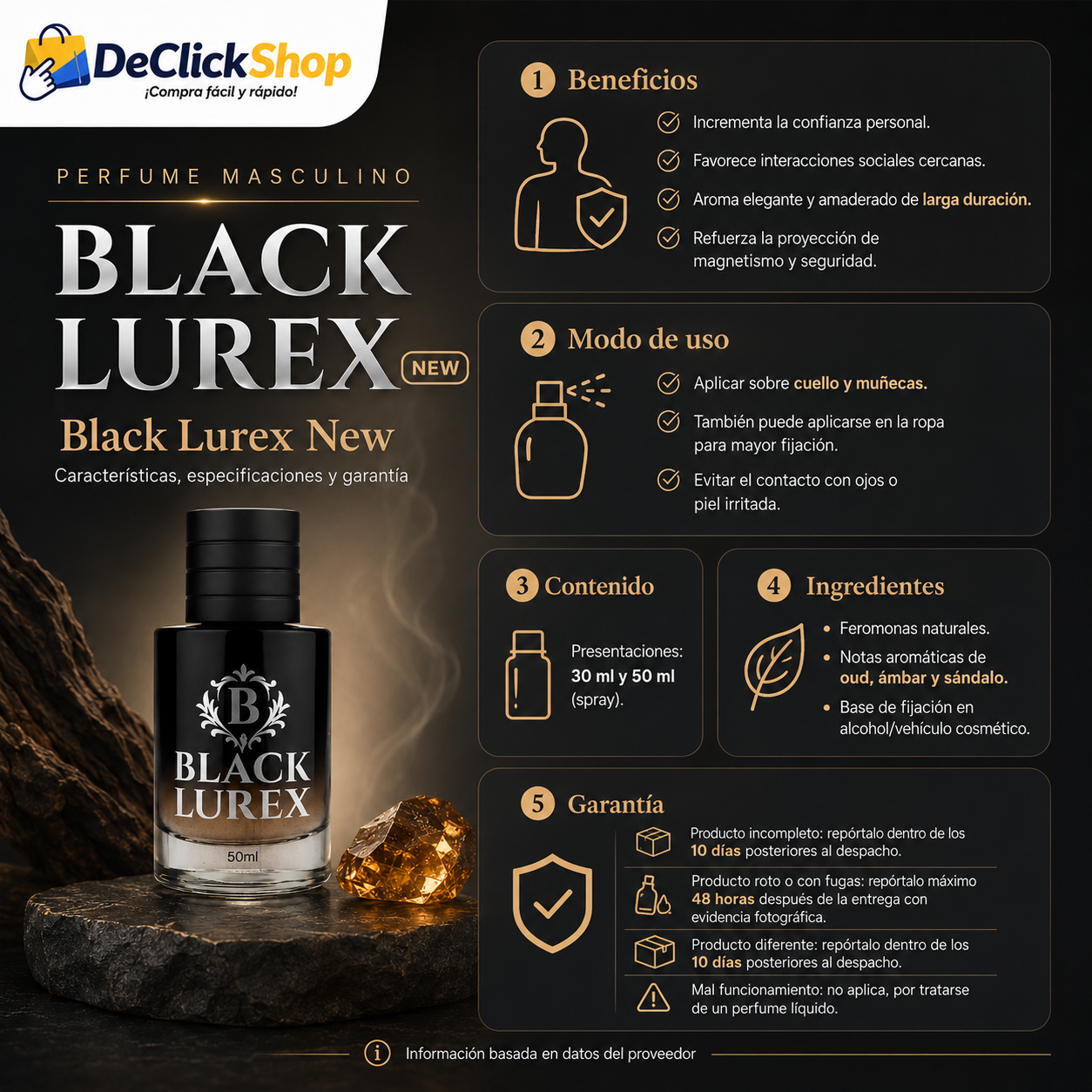 Perfume Masculino Black Lurex New 50 ml – Aroma Amaderado con Oud, Ámbar y Sándalo