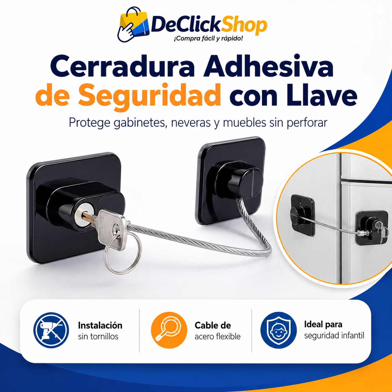 Cerradura Adhesiva de Seguridad con Llave y Cable de Acero – Sin Perforaciones