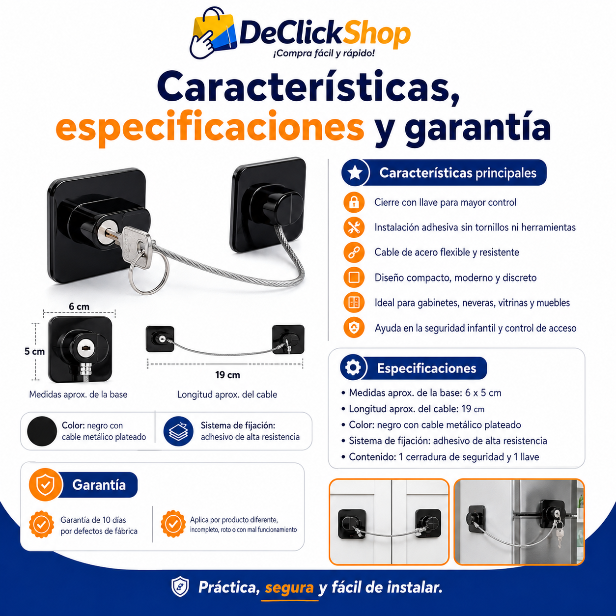 Cerradura Adhesiva de Seguridad con Llave y Cable de Acero – Sin Perforaciones