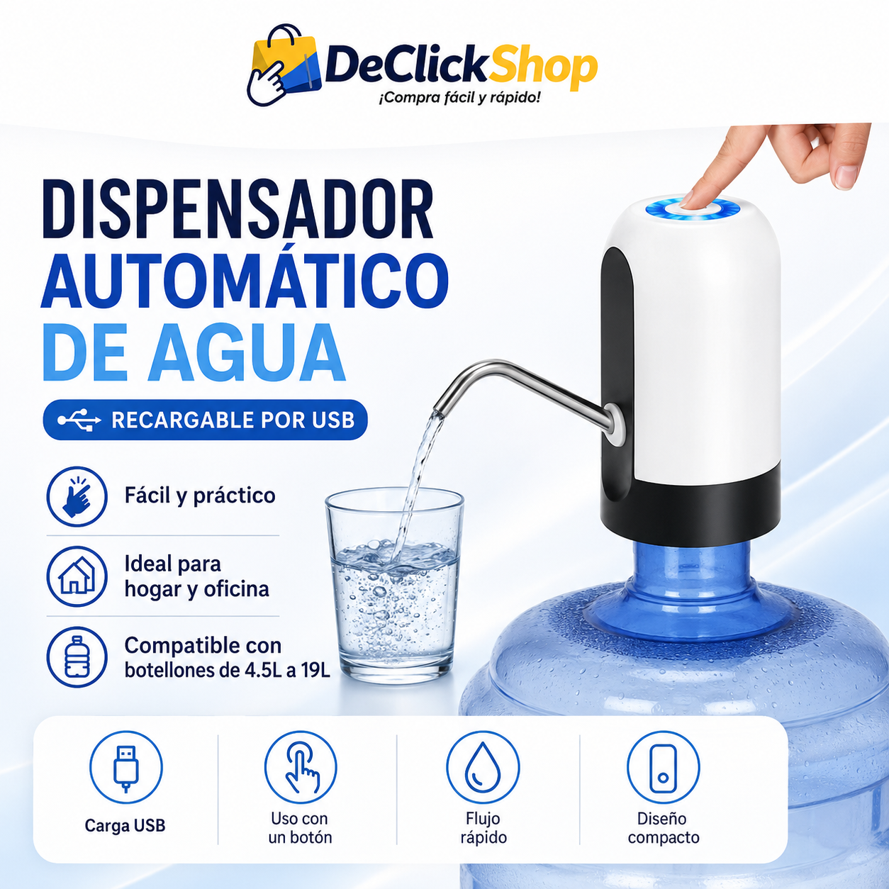 Dispensador Automático de Agua para Botellón Recargable por USB