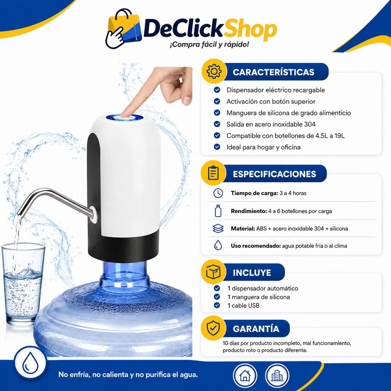 Dispensador Automático de Agua para Botellón Recargable por USB