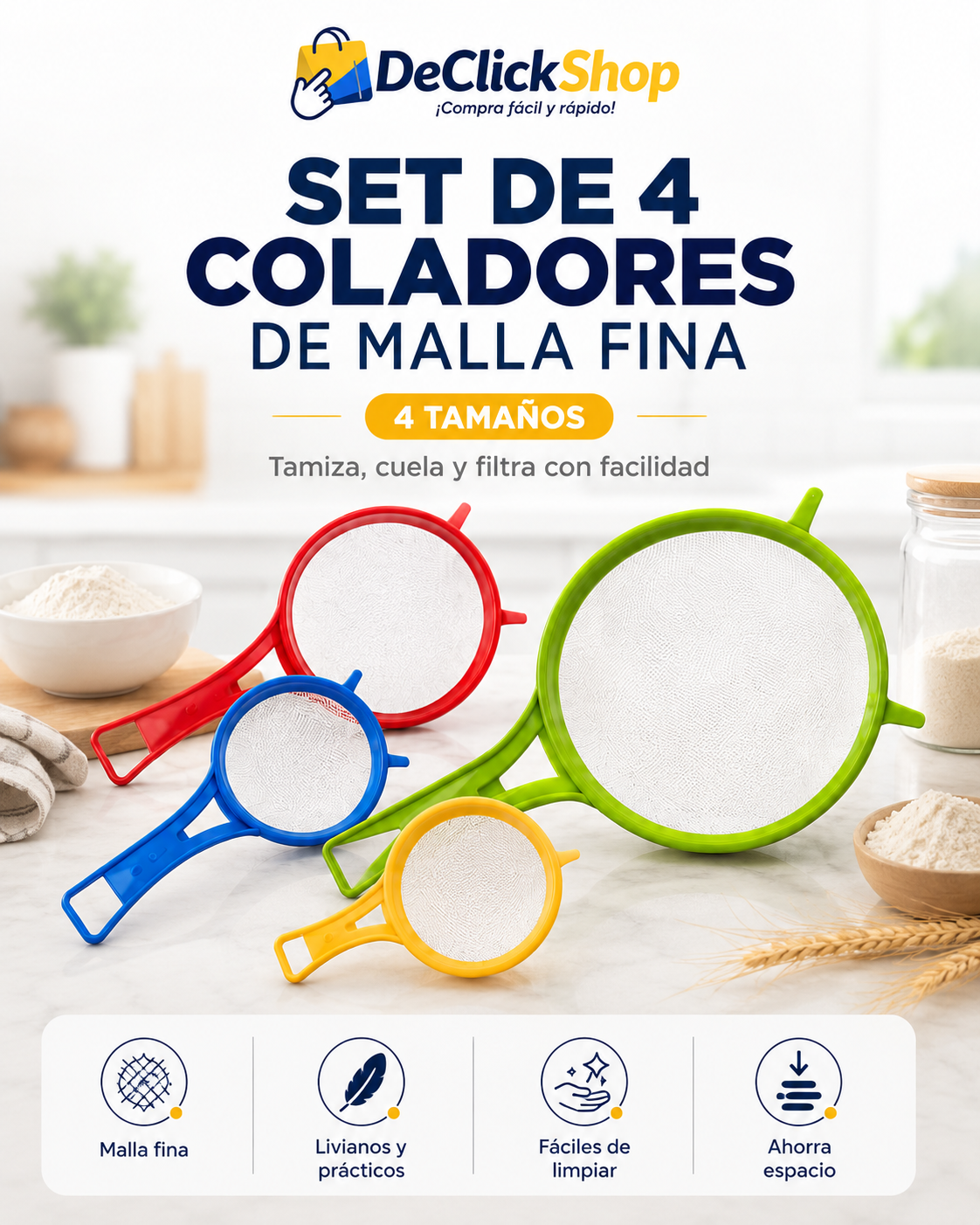 Set de 4 Coladores de Malla Fina Multitamaño para Cocina