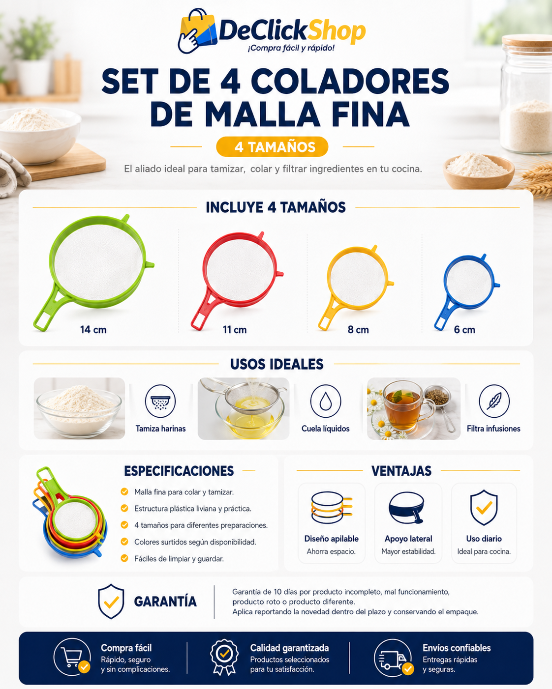 Set de 4 Coladores de Malla Fina Multitamaño para Cocina
