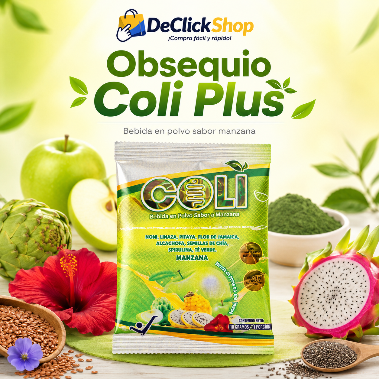 Bebida Natural en Polvo Coli Plus Sabor Manzana – Sobre Individual 10 g x 10 Unidades
