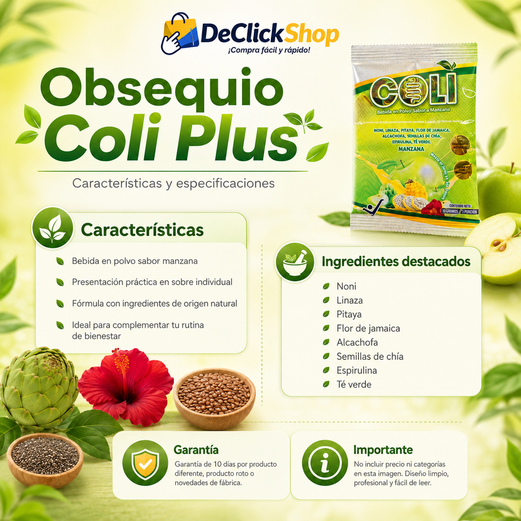 Bebida Natural en Polvo Coli Plus Sabor Manzana – Sobre Individual 10 g x 10 Unidades