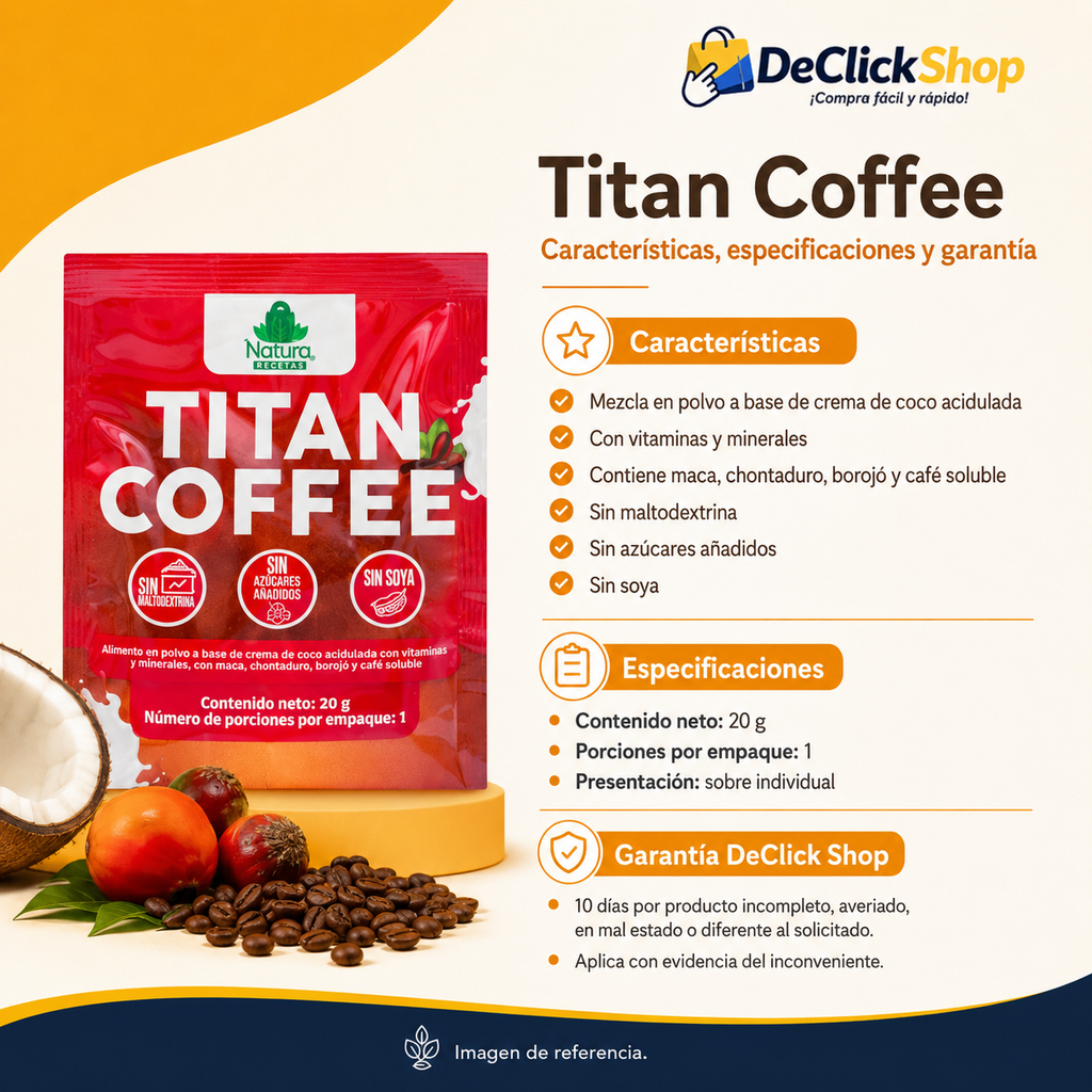 Titan Coffee en Polvo 20 g | Café Soluble con Maca, Chontaduro y Borojó