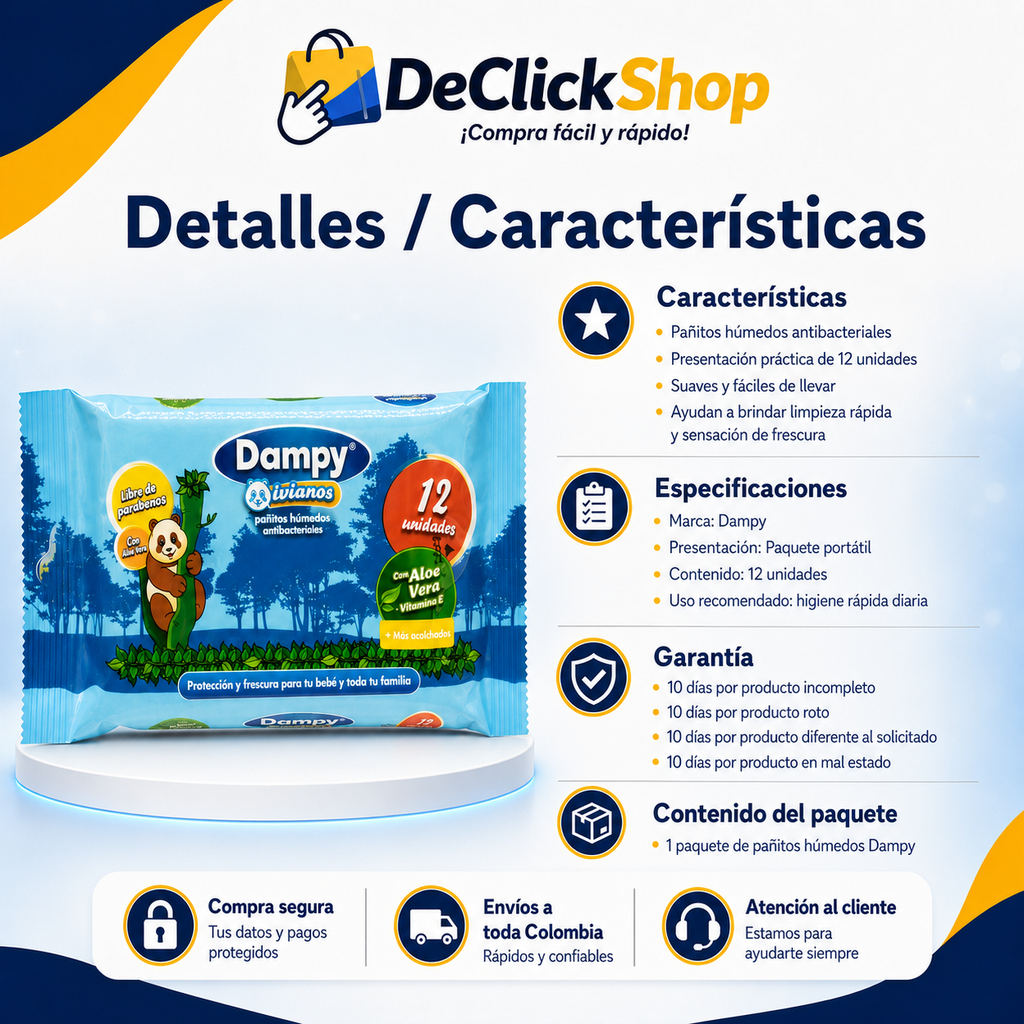 Pañitos Húmedos Dampy Antibacteriales x 12 Unidades