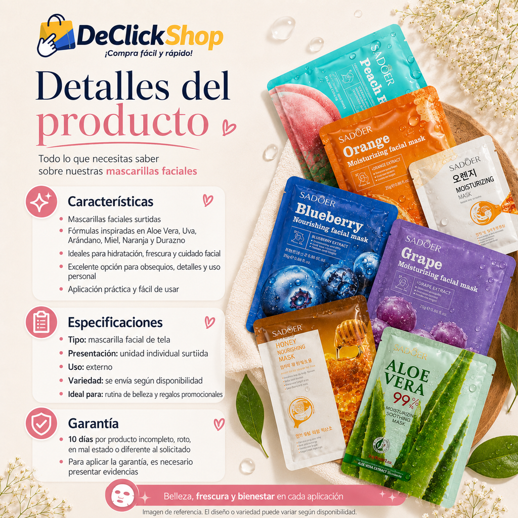 Mascarilla Facial Surtida para Cuidado e Hidratación de la Piel x 3 Unidades
