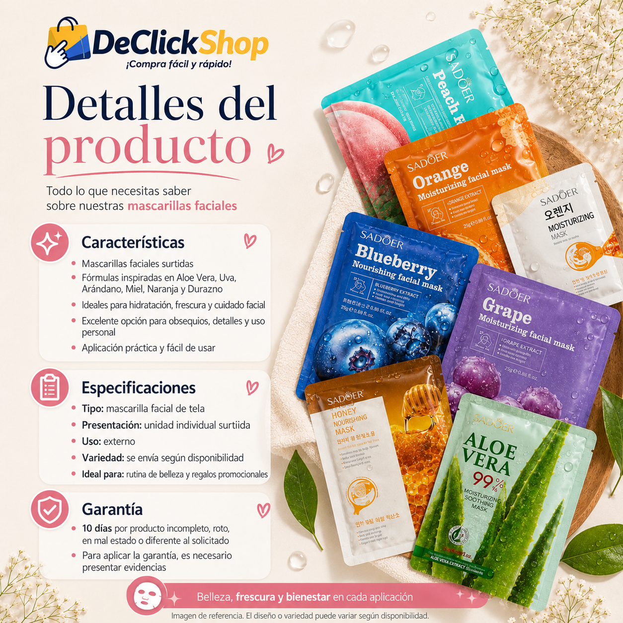 Mascarilla Facial Surtida para Cuidado e Hidratación de la Piel x 3 Unidades