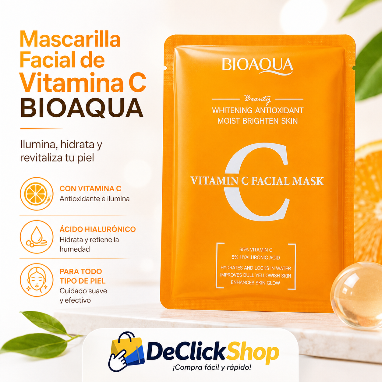 Mascarilla Facial BIOAQUA de Vitamina C – Hidratante e Iluminadora x 3 Unidades