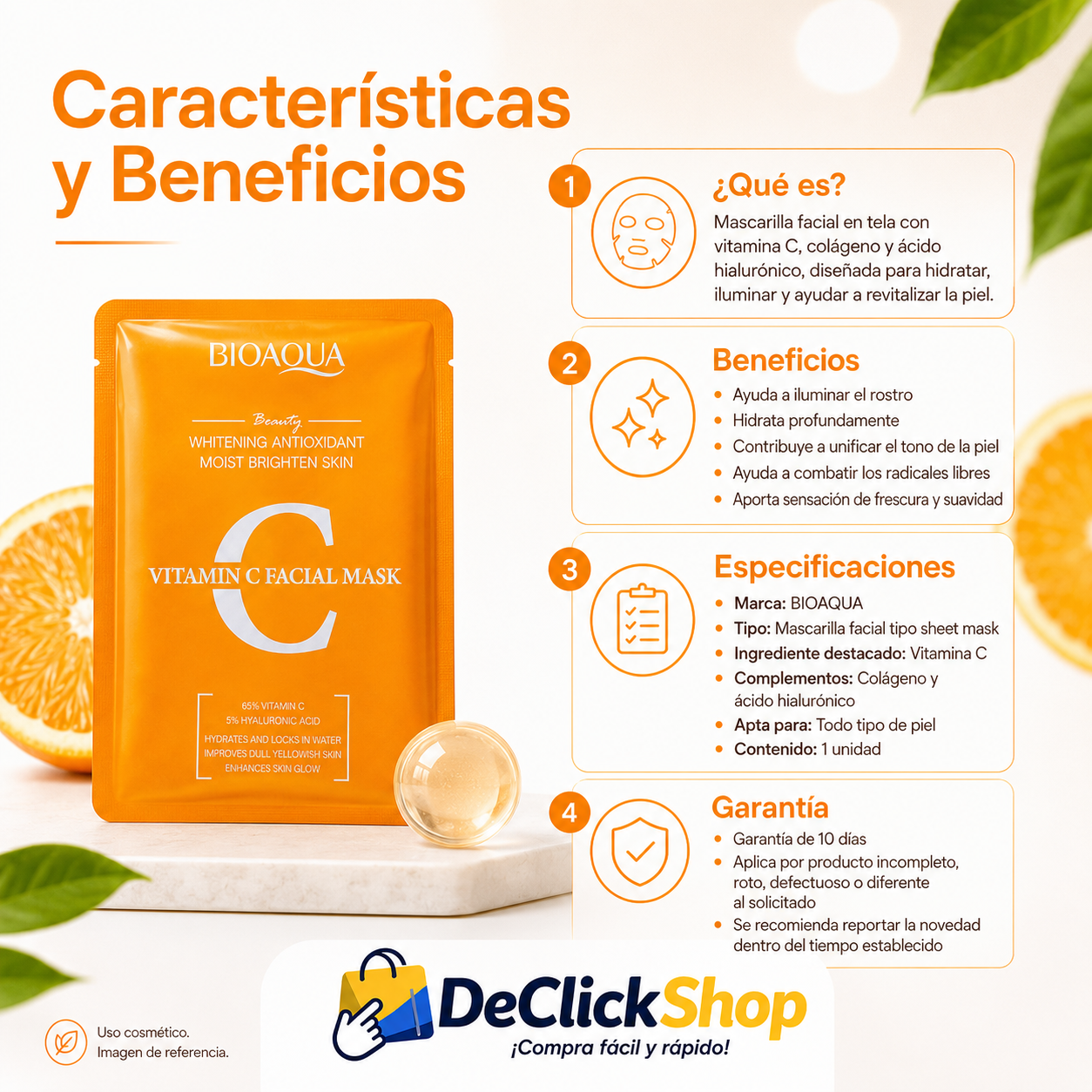 Mascarilla Facial BIOAQUA de Vitamina C – Hidratante e Iluminadora x 3 Unidades