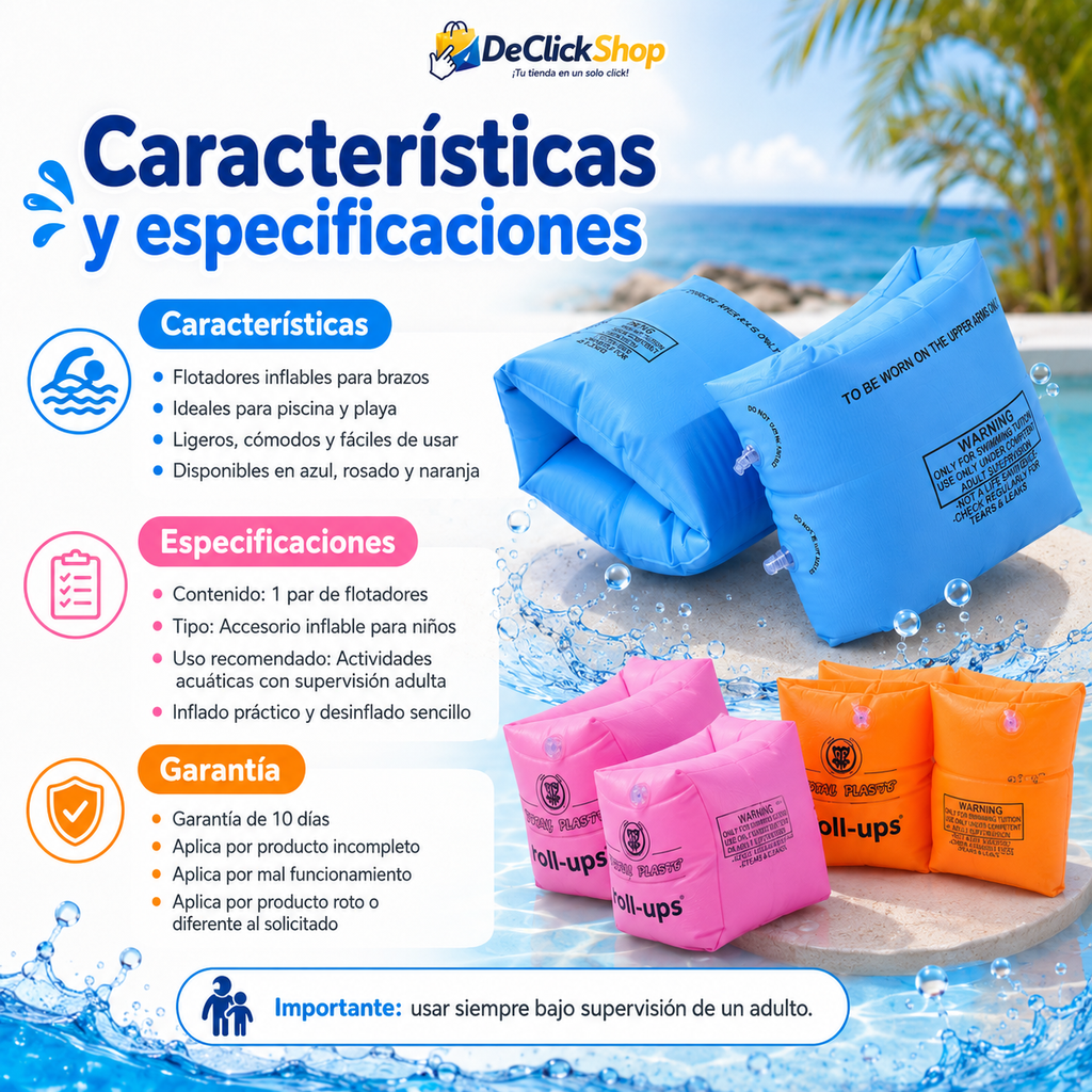 Flotadores Inflables de Brazos para Niños – Par de Manguitos para Piscina y Playa